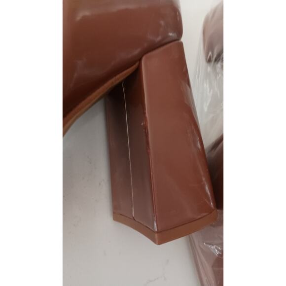 Cognac chunky block heel boots  size 10 square toe zip closure J Lo glam regency - Picture 7 of 10